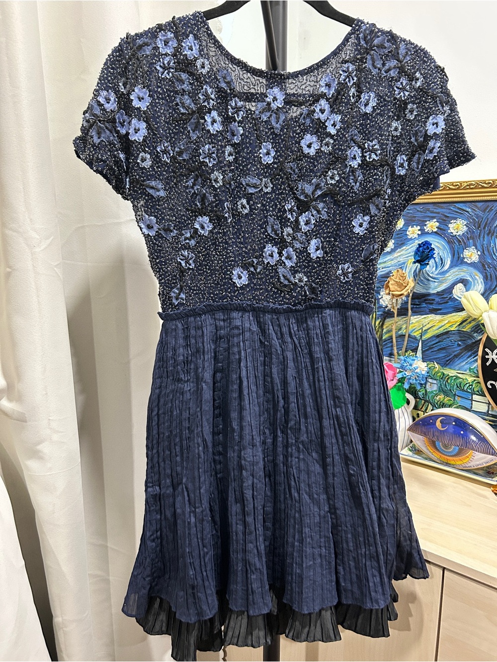 Free People Navy Blue Embroidered Floral Party Dress